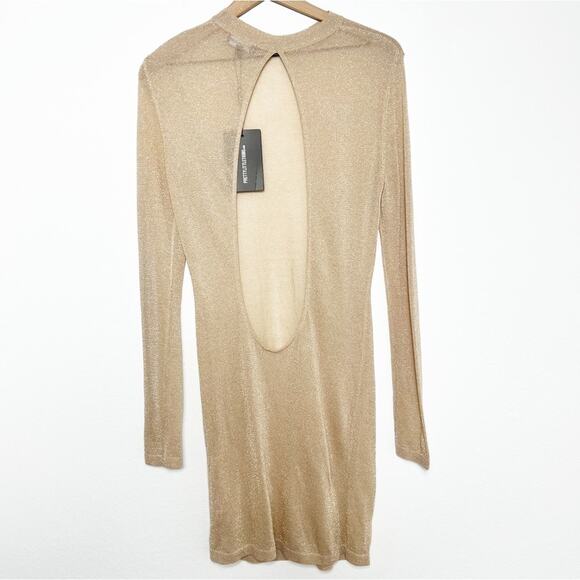PRETTY LITTLE THING GOLD METALLIC SHEER KNIT CUT OUT BACK DRESS SIZE MEDIUM - Picture 3 of 7